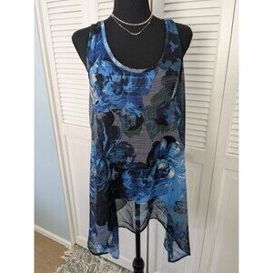 Express Top Womens L Blue Floral Watercolor Sheer Racerback Blouse Tank Coverup